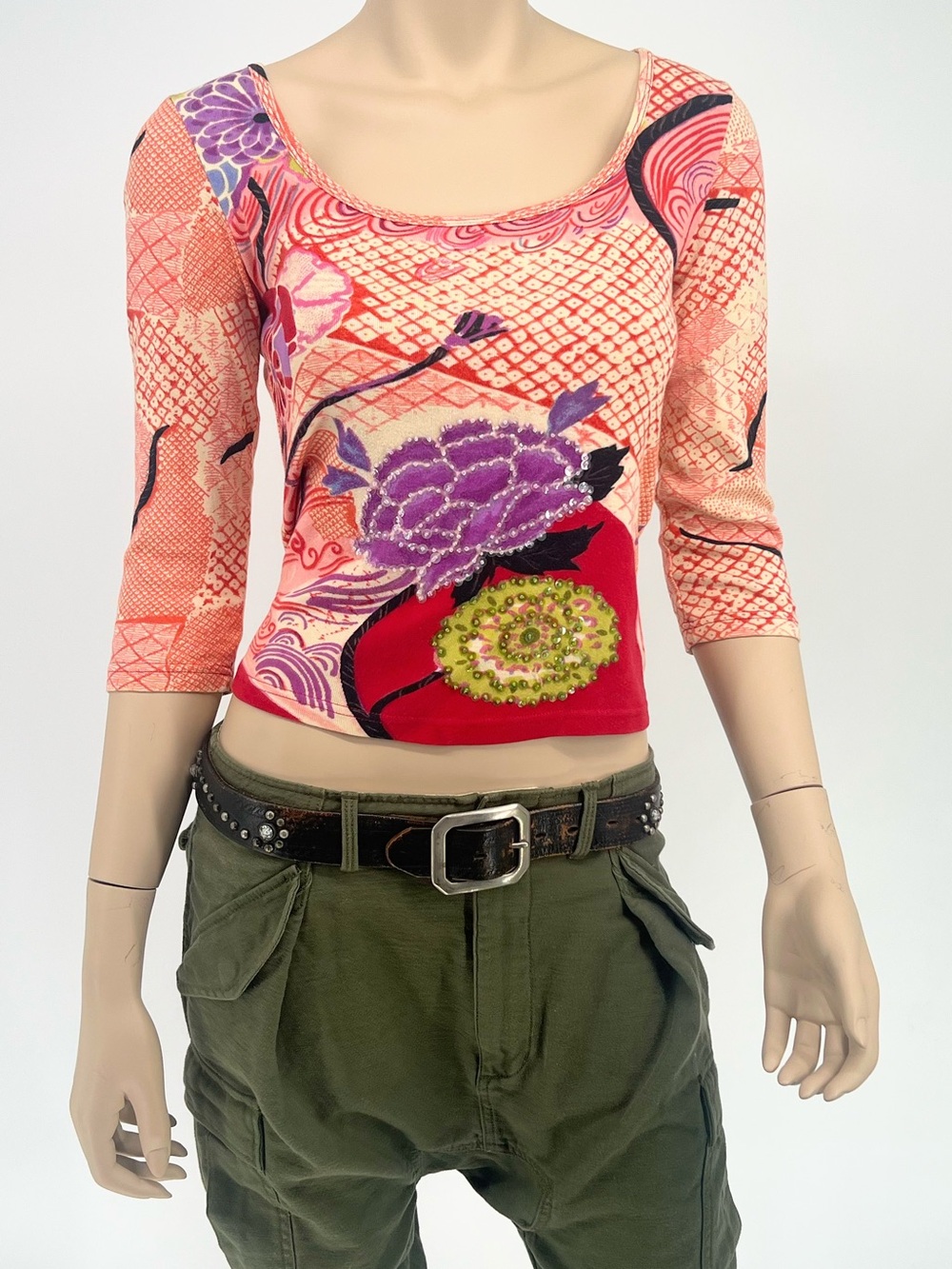 Vintage Asian print beaded detail cropped top